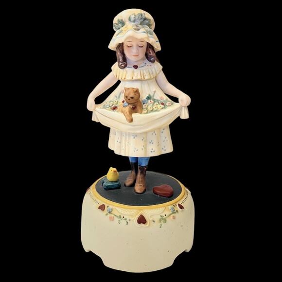 Jan Hagara PORCELAIN GIRL FIGURINE 7” Yellow Duck Chick Kitty Cat Flowers Heart - Picture 2 of 7